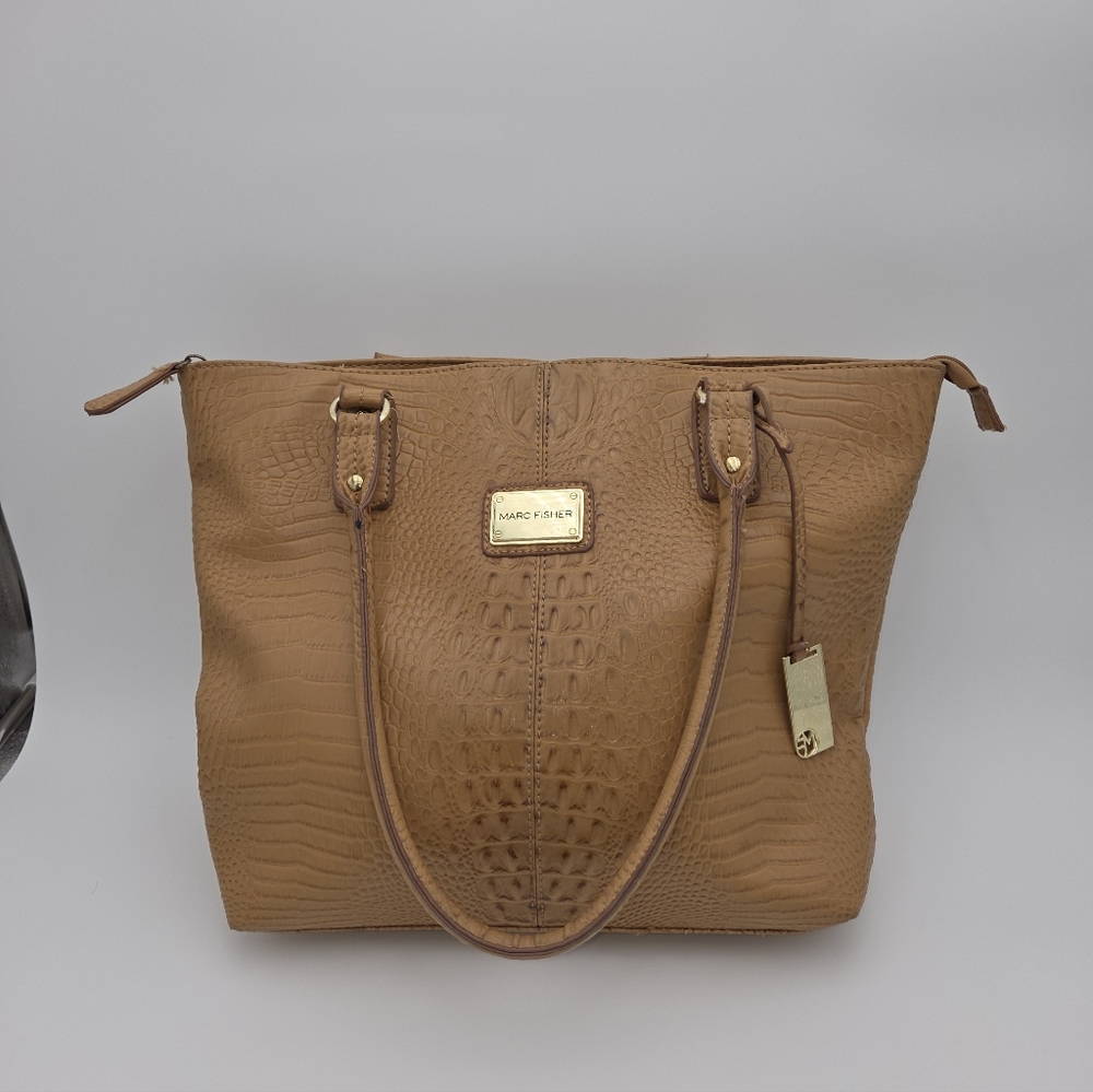 Marc Fisher Tan Croc-Embossed Tote with Gold Hardware